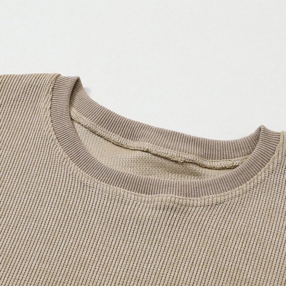 Cali Chic Women Sweatshirt Khaki Solid Ribbed Knit Round Neck Pullover - Picture 9 of 9